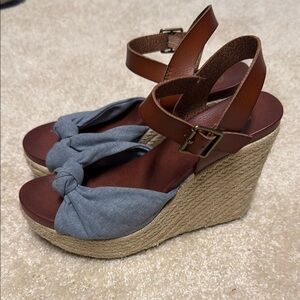 Blue and Brown Wedge Sandals with Ankle Strap
